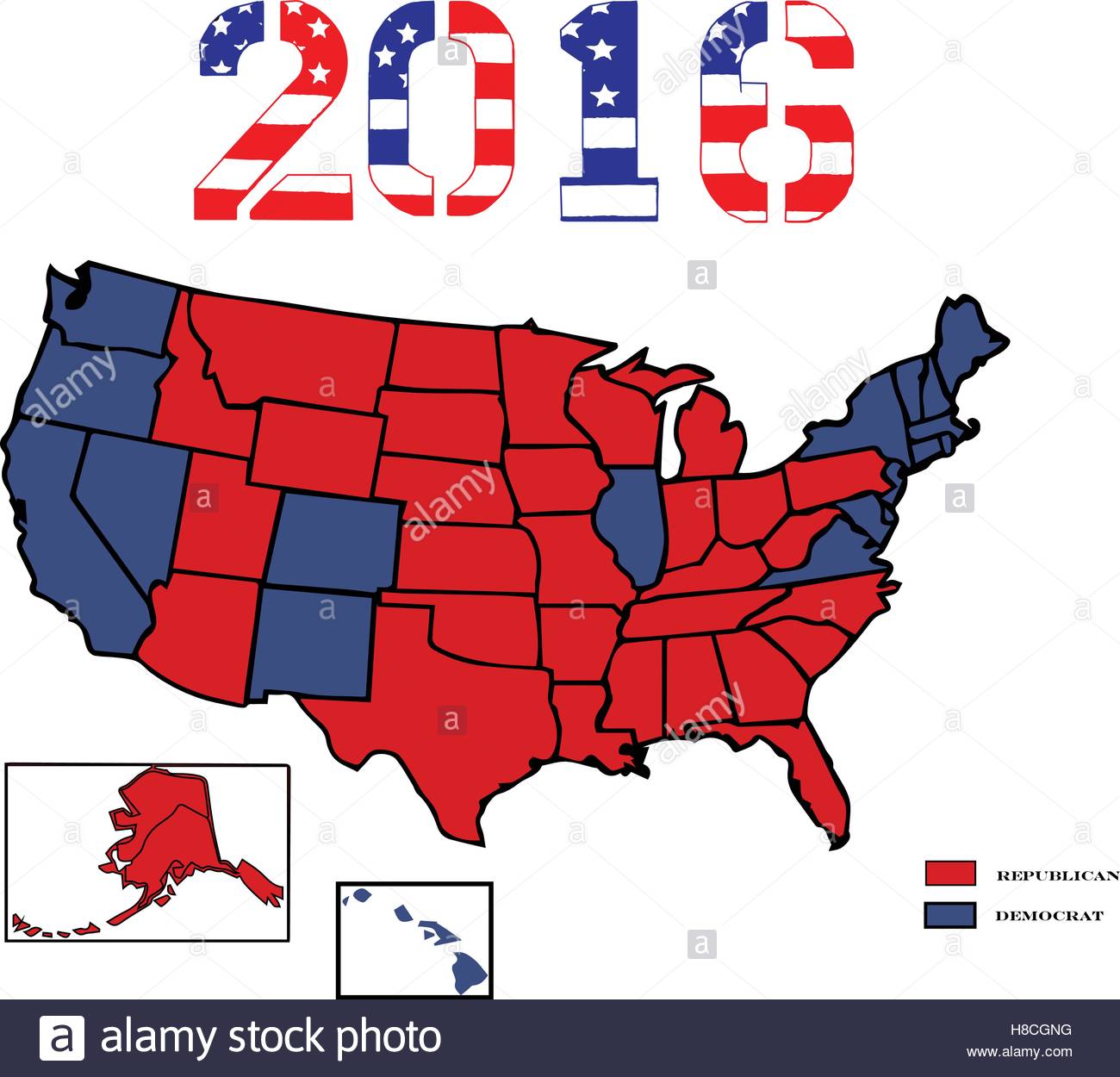 50 United States colored in Republican Red, Democrat Blue ...