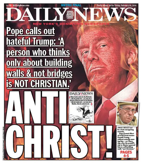 Daily News Cover Shows As Trump Antichrist Amid Pope Feud