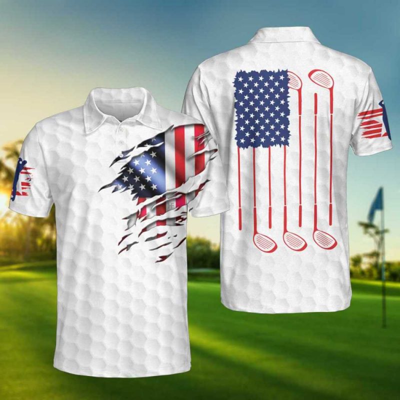 Golf American Flag Short Sleeve White Golf Polo Shirt, Patriotic Polo ...