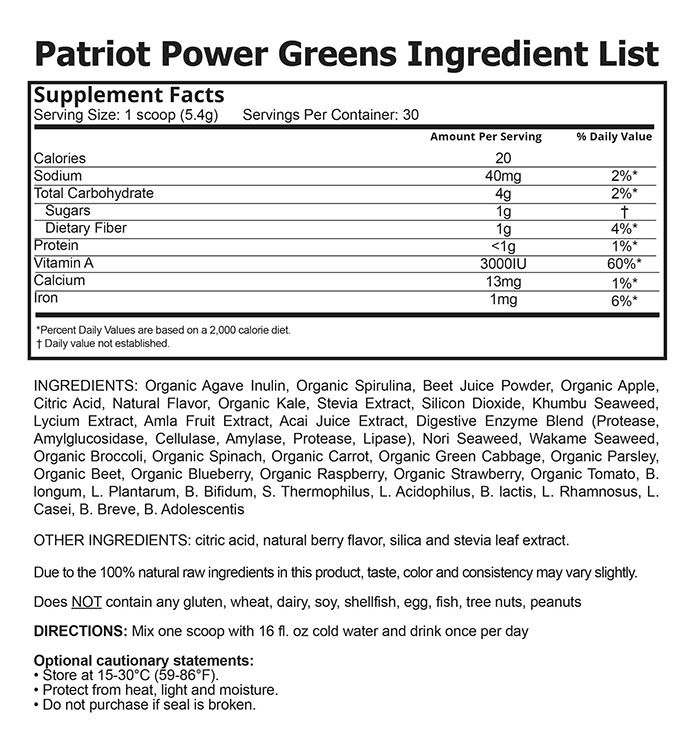 Patriot Power Greens Ingredients list